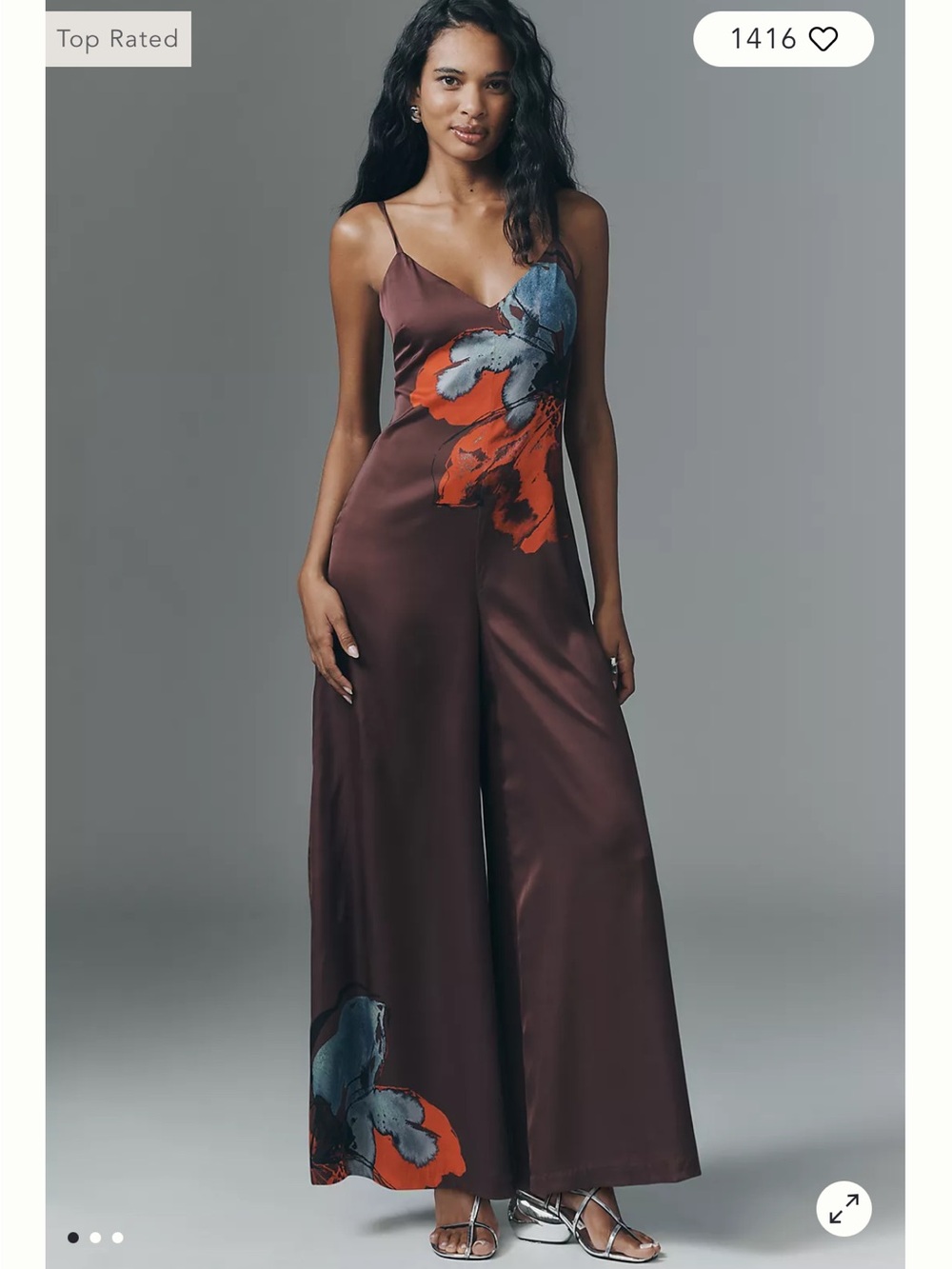 Satin Floral-Print Wide-Leg Jumpsuit in Chocolate Brown